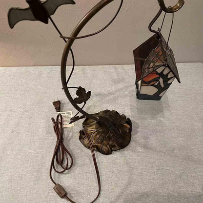 Bieye L10938 Spooky Graveyard Tiffany Style Stained Glass Birdhouse Table Lamp for Halloween Decor (21-inch High, Bat Nest)
