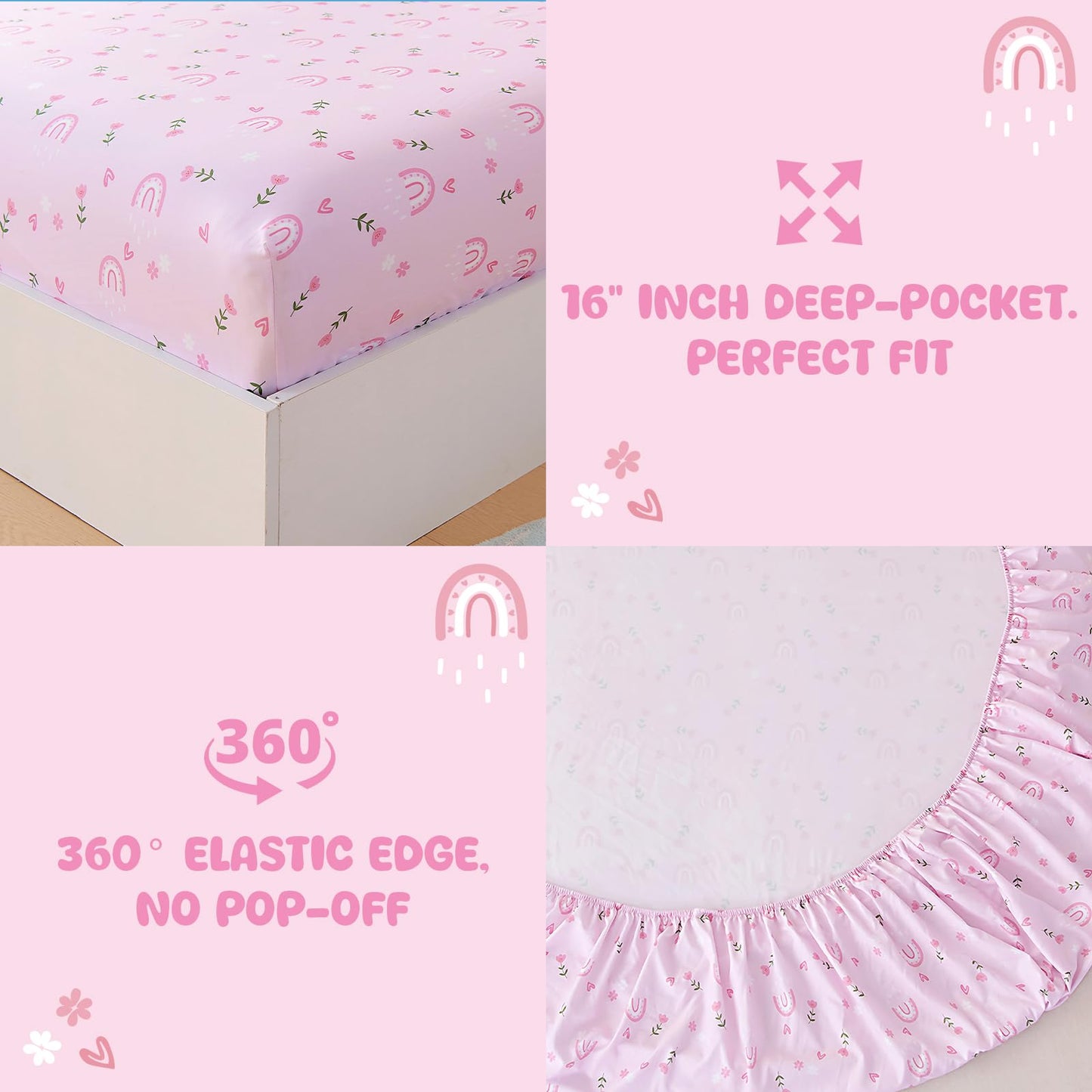 MICORAL Kids Twin Sheet Set Pink Rainbow, 3 Pieces Sheets for Boys & Girls, Soft Printed Microfiber Bed Sheets, Deep Pocket Cozy Toddler Bedding Set, Pink Rainbow