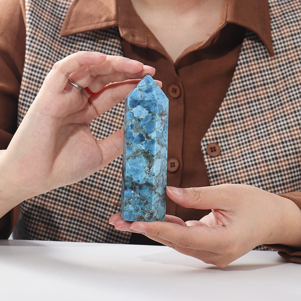 Runyangshi Large Blue Apatite Natural Healing Crystal Wand 4.72"-5" Crystals Tower 6 Faceted Single Point Crystal Prism Wand Natural Stones for Meditation Reiki Chakra Therapy Home Decor Gift