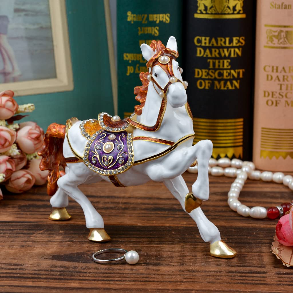 FJ FENGZHIJIE Golden Crystal Enameled Horse Jewelry Box, Hand-Painted Hinged White Horse Trinket Box, Elegant Home Décor & Unique Gift for Equestrians