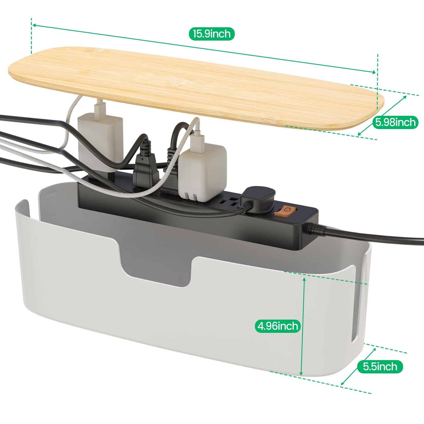 Large Cable Management Box - Cord Organize Box with Bamboo lid for Safe Home & Office, Cord Hider for Power Strip Under Desk, Cover TV Wires, Child & Pet Proof Cord Box, White
