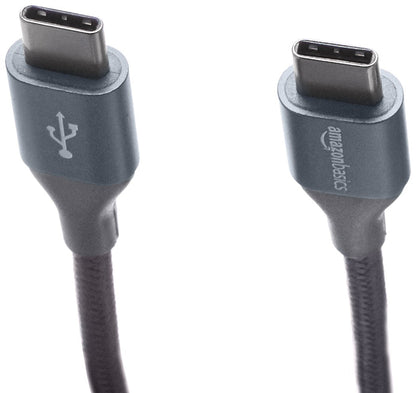 Amazon Basics USB-C to USB-C 2.0 Fast Charger Cable, Nylon Braided Cord, 480Mbps Speed, USB-IF Certified, for Apple iPhone 16/15, iPad, Samsung Galaxy, Tablets, Laptops, 10 Foot, Silver