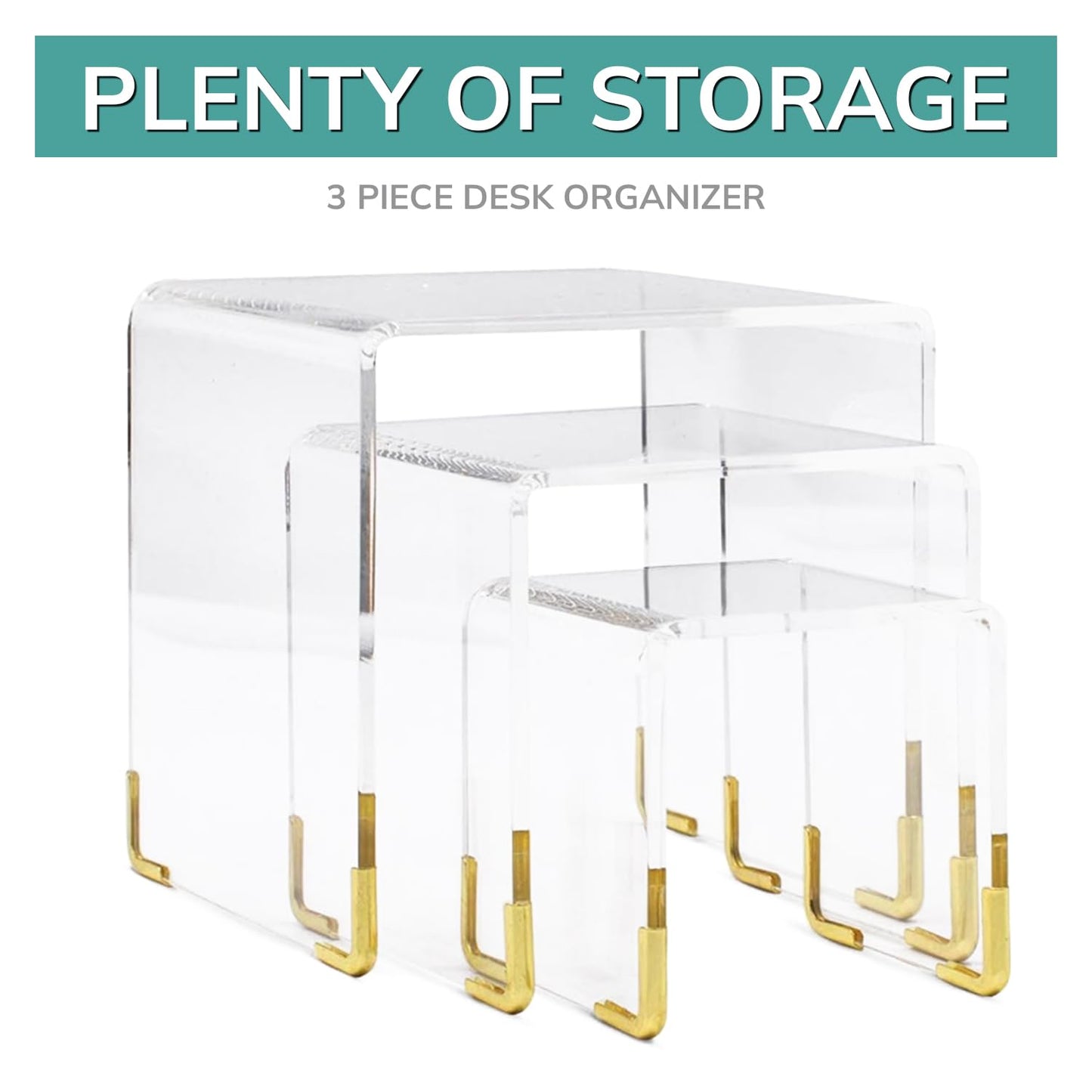 pbf Acrylic Display Risers w/ Gold Accents | 3 Tier Perfume Stand Organizer | Clear Acrylic Shelf Riser | Layered, Tiered Acrylic Display Stands for Collectibles, Fragrance Holder, Skincare Stand