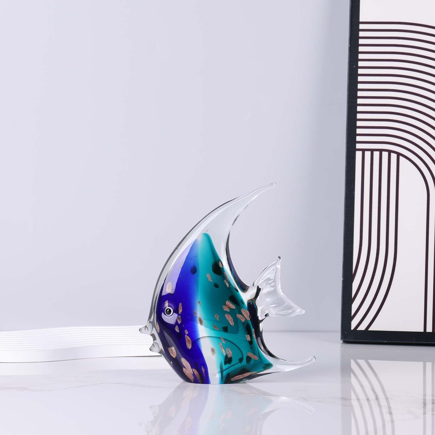 PlivBloom Glass Fish Sculpture – Hand Blown Glass Art, Tropical Fish Figurine, Decorative Ornament, Sea Glass Home Decor, Modern Beach Decor for Living Room, Office, TV Stand, Bathroom (Blue)