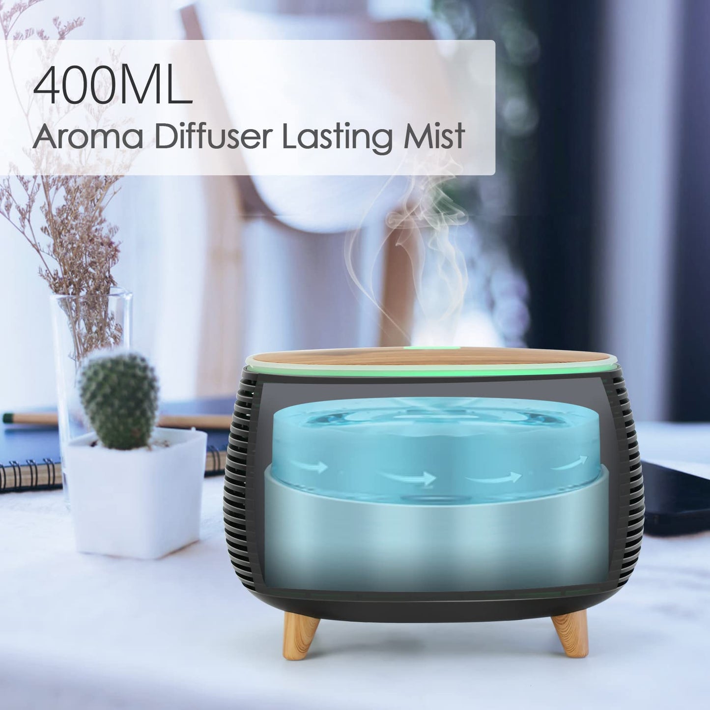 Diffuserlove Diffuser Essential Oil Diffusers 400ML Aromatherapy Air Diffuser for Home Bedroom Office Room Aroma Diffuser with 7 Color Lights Intermittent Mist Mode