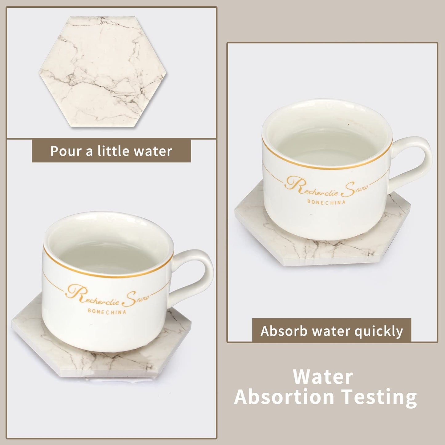 6 Pack Cute Marble Absorbent Stone Coaster Set with Holder Cool Cork Coster Modern White Ceramic Coasters Bar Desk Cup Drink Coasters Funny Coffee Table Decor Kitchen Unique Coster posavasos