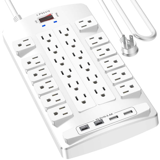 QINLIANF Surge Protector Power Strip - 6Ft Flat Plug Heavy Duty Extension Cord with 24 Outlets and 4 USB Ports(2 USB-C Ports), 1875W/15A, 4100J, for Home, Office, Dorm, ETL Listed, Black