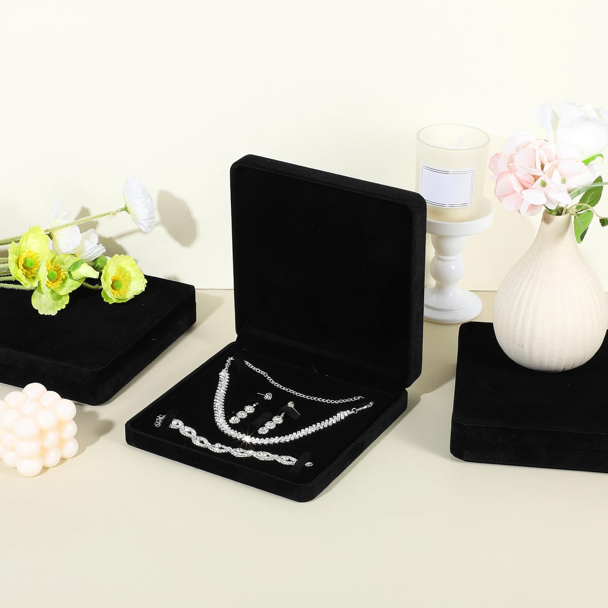 Meyeyaia 6 Pcs Velvet Jewelry Set Box Black Jewelry Display Box Jewellery Gift Boxes for Necklace, Ring, Earring, Bracelet, Pendant Mother's Day Wedding Travel Anniversary, 7.5 x 7.5 x 1.6 in