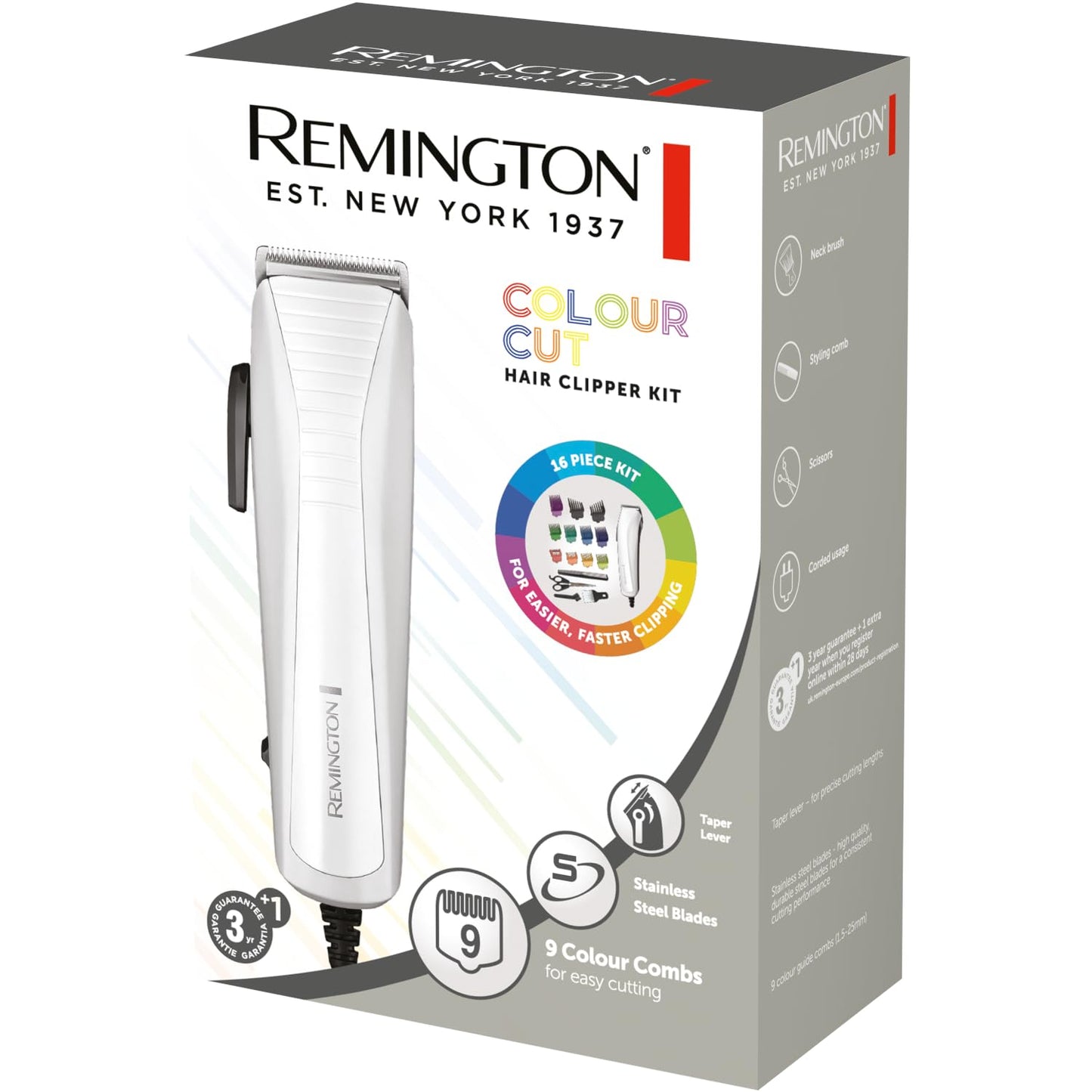 Remington Colour Cut Hair Clippers Kit (Corded, Stainless Steel Self-Sharpening Blades, Comfort Tip Blades, Taper Lever (0.5-2mm), 9 Colour Coded Combs (1.5-25mm), Scissors & Comb) HC5035