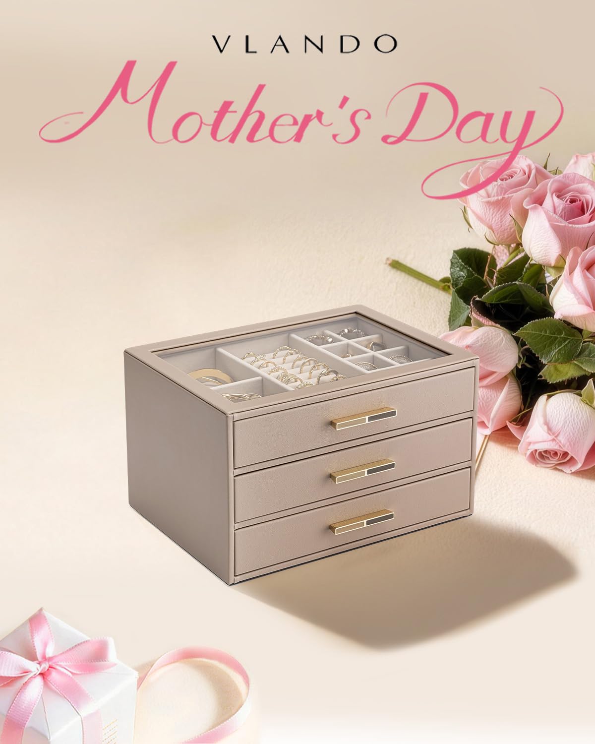 VLANDO 3 Layer Jewelry Box for Women, Mothers Day Gifts for Women, Glass Lid Jewelry Organizer with 3 Drawers for Necklaces Rings Earrings Bracelets - Toffee