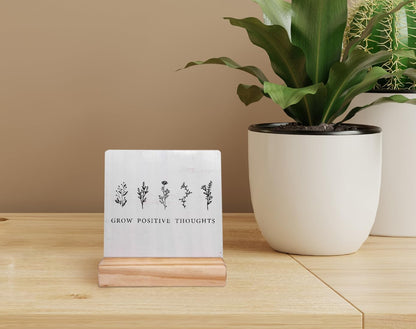 EIONEY Boho Neutral Botanical Desk Decor Wood Plaque with Wooden Stand,Grow Positive Thoughts Mental Health Therapy Office Desk Accessories,School Counseling Office Must Haves,Shelf Decor Aesthetic
