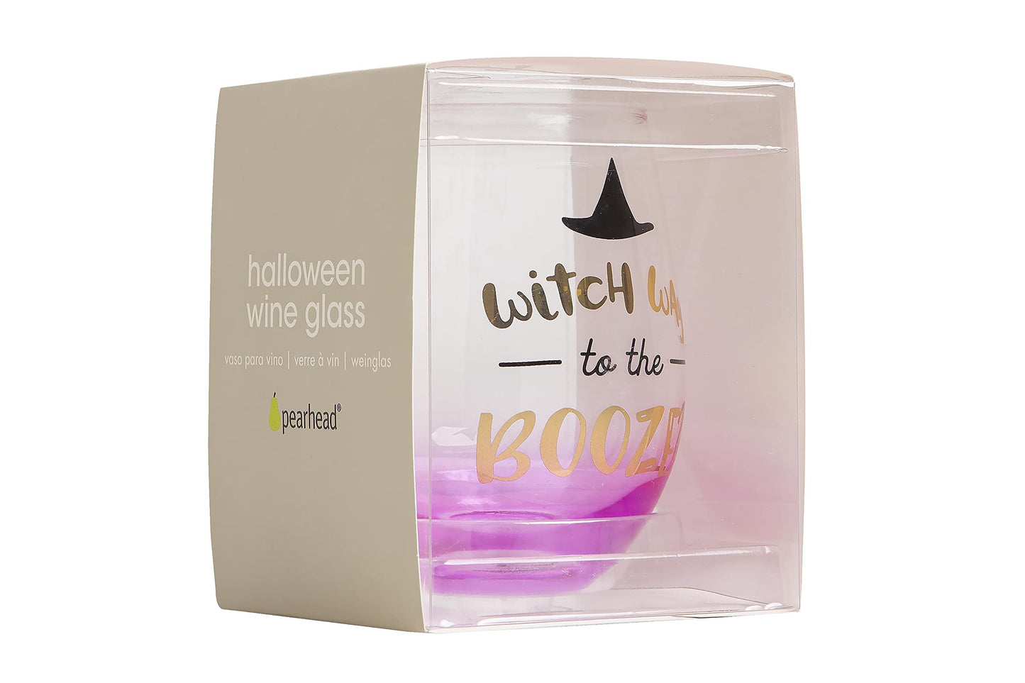 Pearhead Witch Way to the Booze Stemless Wine Glass, Fall and Halloween Home and Kitchen Accessory and Party Favor Idea, 15 oz
