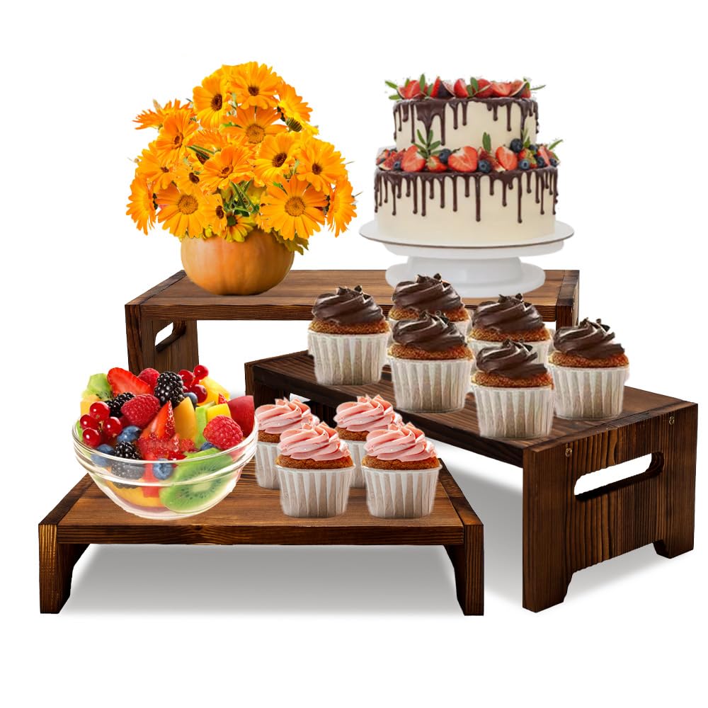 MRPAPA 3 Tier Cupcake Stand & Wood Display Risers,for Food Desserts Stand Perfume Organizer Funko POP Collections, Display Stand for Organizer and Decoration (Dark Brown-Display Riser)