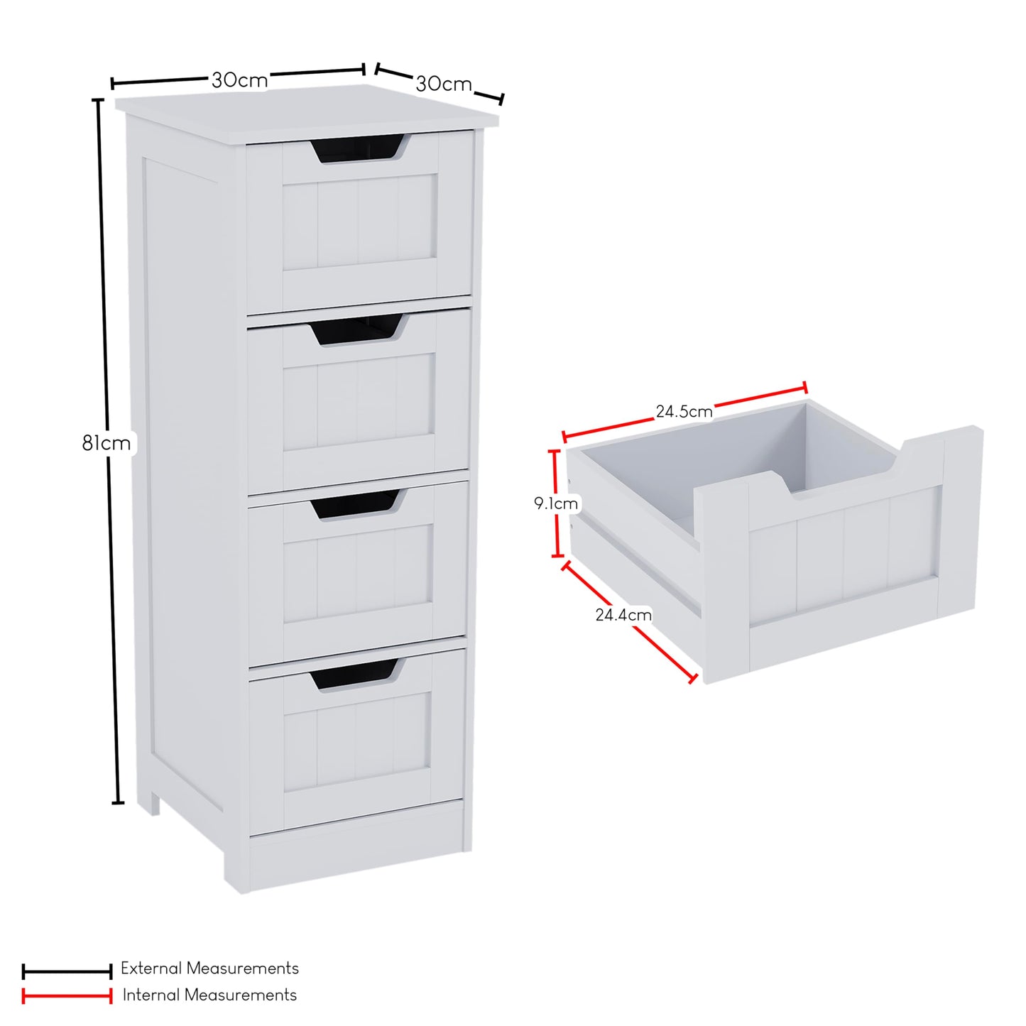 Vida Designs Bathroom 4 Drawer Floor Standing Cabinet Unit Storage Wood, White