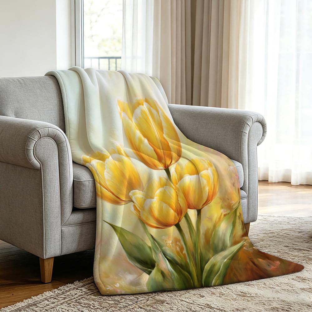 HUNXIAOJ Tulip Blanket Floral Throw Blanket Tulip Gifts for Women Rustic Flower Decor Floral Bedding Warm Soft Flannel for Girl Sofa Couch (49in x 59in)