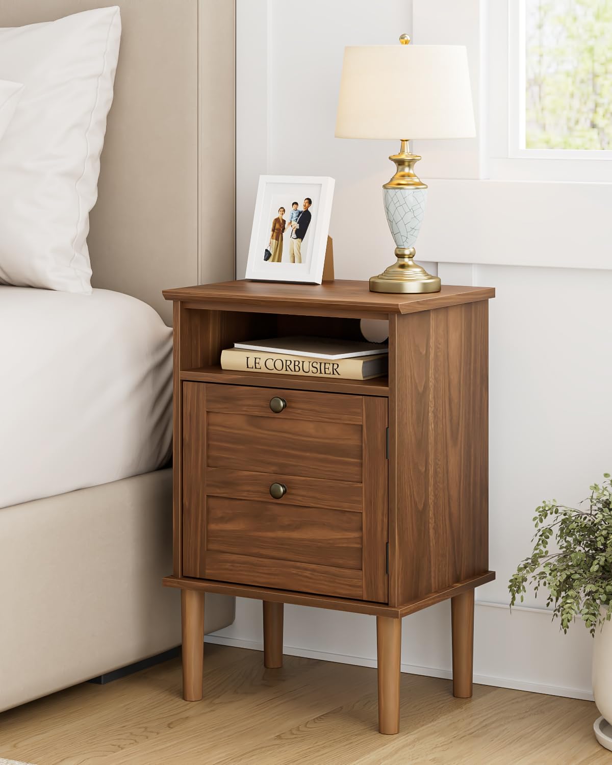 Apetaccat Nightstand, Boho Night Stand with 1 Drawer, Modern Side Accent Table with Open Shelf, Wooden Top Bedside End Table for Bedroom, Living Room, Walnut