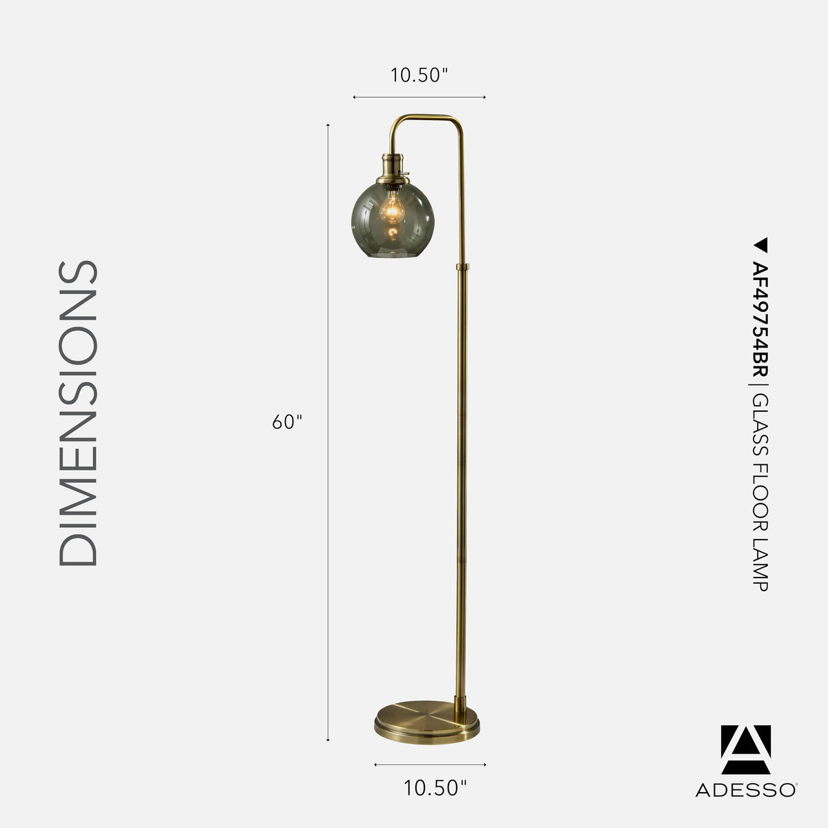 Adesso Globe Smoked Glass Floor Lamp with Antique Brass Finish – 60” Tall, Compact 10.5” Wide Base