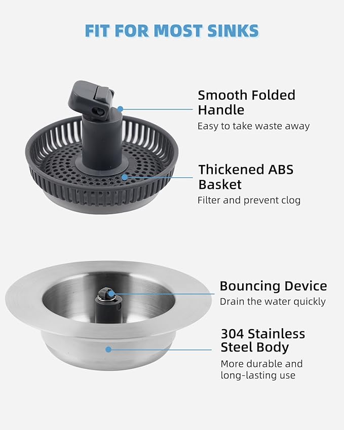 Universal 3 in 1 Kitchen Sink Drain Strainer Stopper Combo, Anti-Clog and Easy