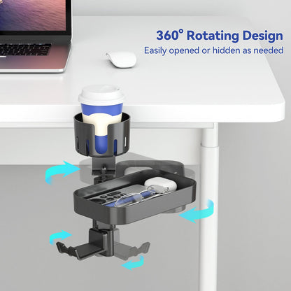 KDD Desk Cup Holder with 2 Headphone Hook - Rotating Pencil Holder & Detachable Drawer Tray - Clamp on Under Desk Headphone Holder Hidden Storage for Office School Home Accessories