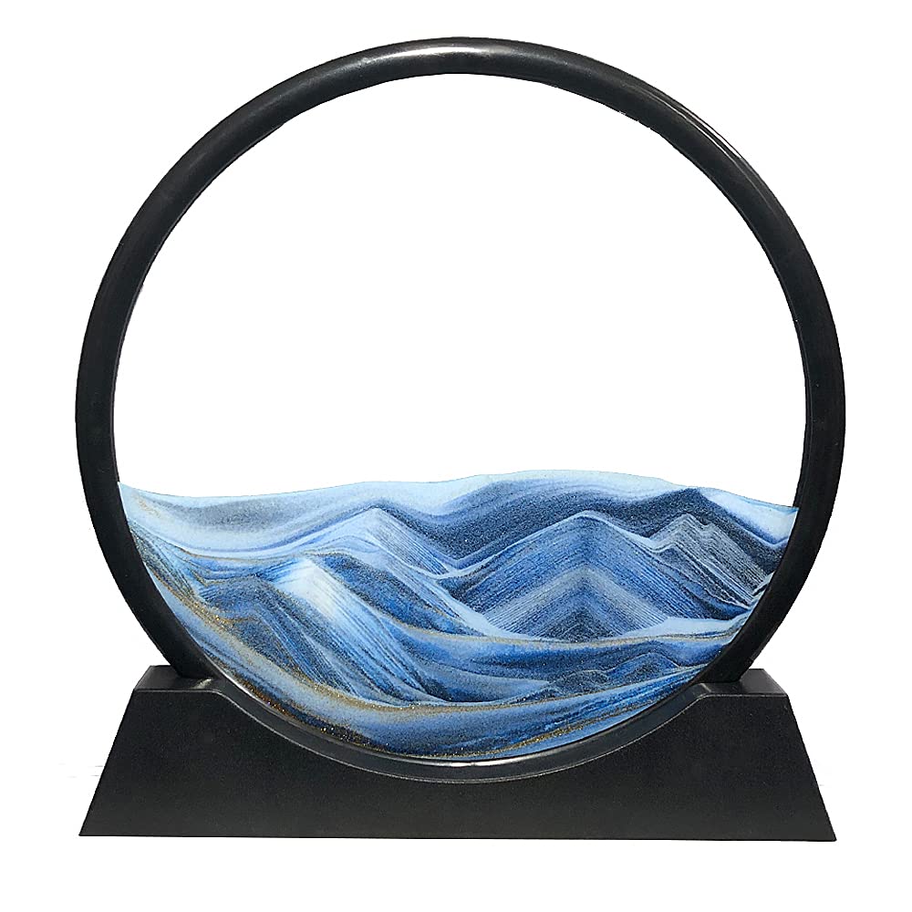 Aoderun Moving Sand Art Picture Round Glass 3D Deep Sea Sandscape in Motion Display Flowing Sand Frame Relaxing Desktop Home Office Work Decor (7", Blue)
