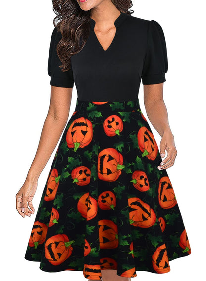 Mokayee Womens Halloween Casual Puff Sleeve Semi-Formal Knee Length Modest Business Work Dresses with Pockets M