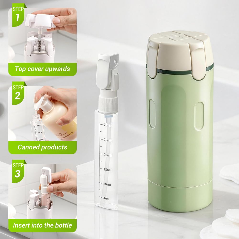 NOGCAW 4-in-1 Travel Dispenser Bottle Refillable, 2026 New 4 Pack 30ML Travel Bottles for Toiletries, Leak Proof Travel Size Containers, Shampoo and Conditioner Bottles (Green+White) (Green)