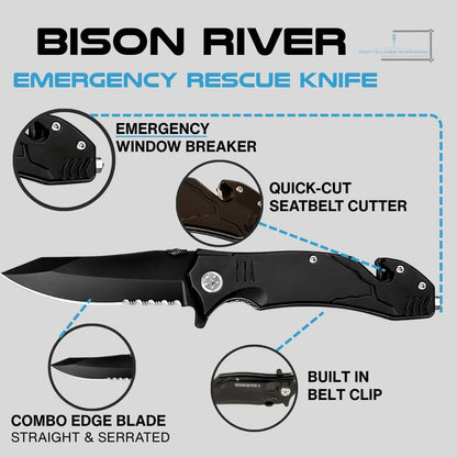 Black Firefighter Rescue Knife – Emergency Window Breaker, Seatbelt Cutter, Combo Edge Blade – Firefighter Tools & Firefighter Gifts for Men – Tactical Firefighter Knife with Belt Clip