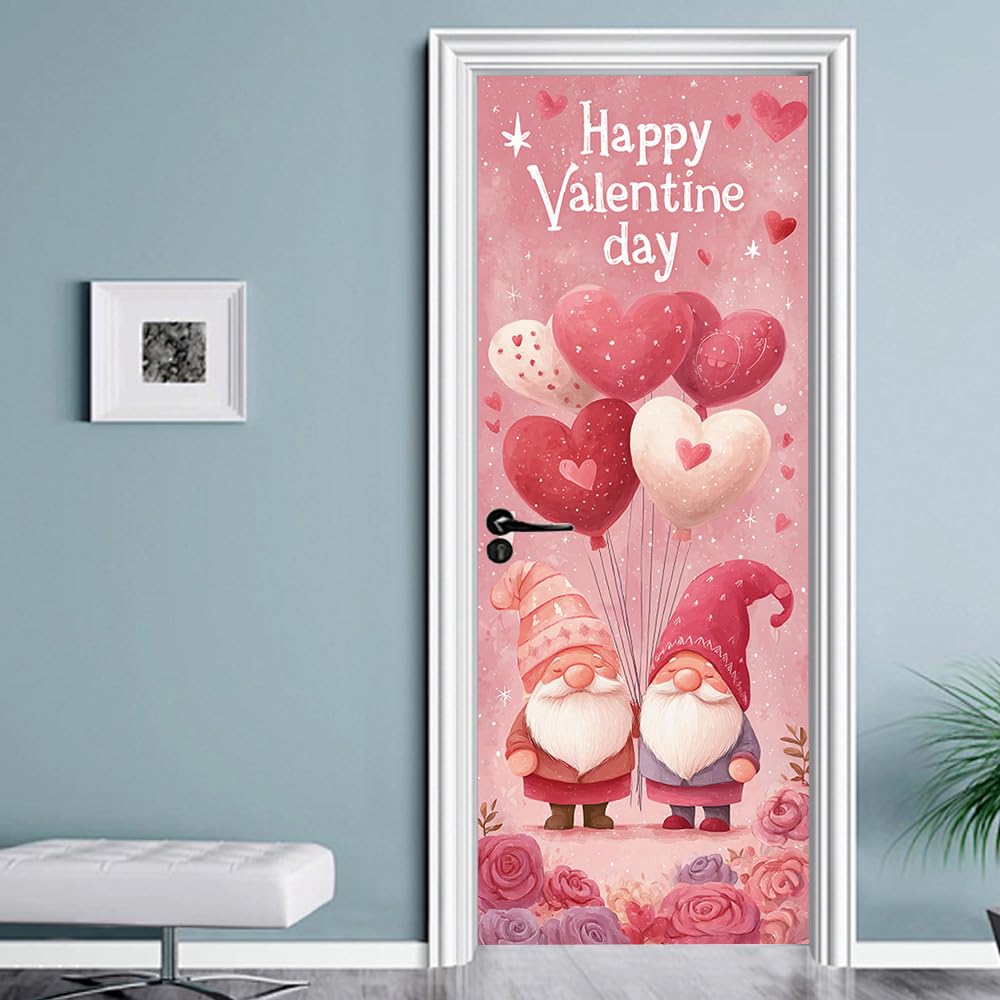 WDESYADMS PVC Self Adhesive Door Sticker 30.3x78.7 Inch Valentine Gnomes with Heart Balloons Design Peel and Stick Decorative Door Decal for Bedroom Living Room Entryway Holiday Home Decor