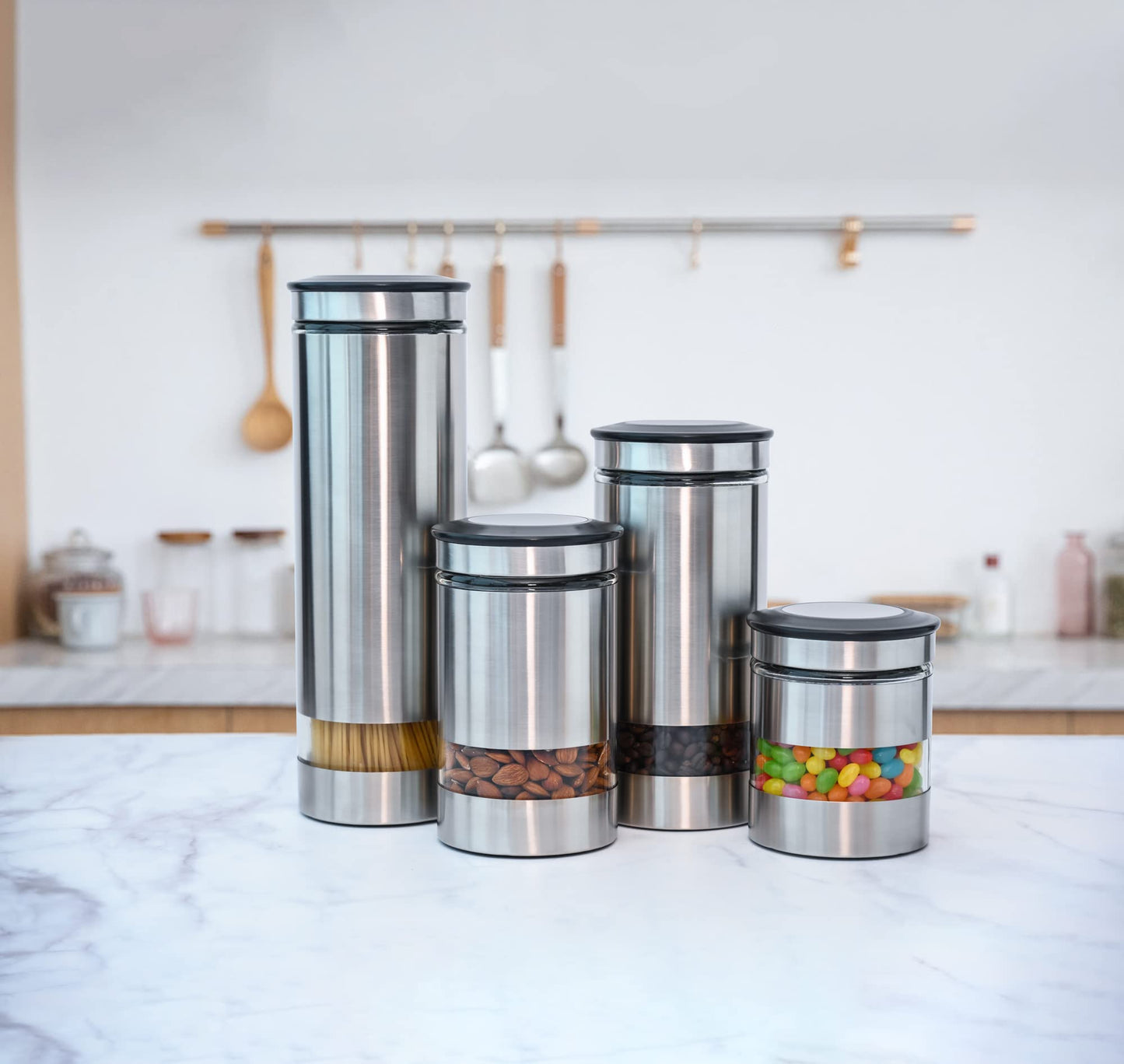 Le'raze Airtight Glass Canister Set of 4 with Stainless Steel Sleeve for Kitchen Counter - Food Storage Containers with Glass Window and Airtight Lids - Pantry Storage and Organization Set