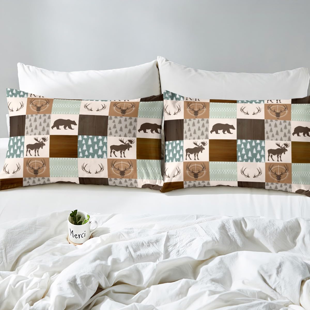 Castle Fairy Wild Animal Hunting Bed Sheet Set King Size,Rustic Bear Deer Antler Arrow Patchwork Fitted + 1 Flat 2 Pillowcases,Green Plaid Retro Country Board Breathable Mattress Cover, Bedroom Decor