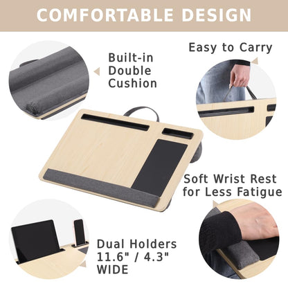 Japard Laptop Lap Desk with Mousepad, Cushion, Wide 21", Fits up to 15.6 inch, Portable Handle, Tablet Pen Phone Holder Wood Natural Home Office Gift