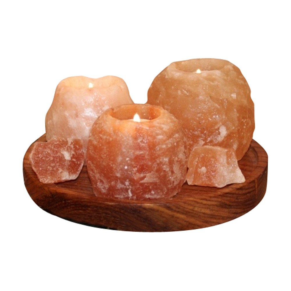 Himalaya Salt Dreams Tea Light Holder Set 2 x 400 g 1 x 700 g with Wooden Plate Crystal Salt from Punjab/Pakistan Orange Diameter Approx. 21.5 cm