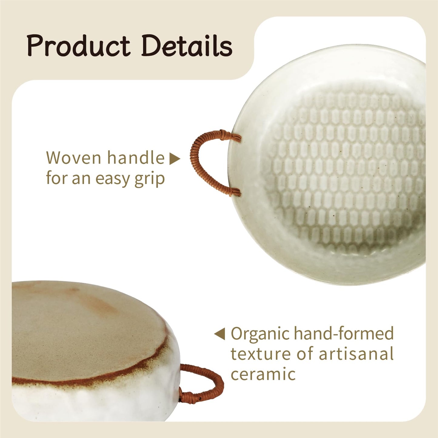 seicasaya 10" Ceramic Fruit Bowl with Woven Handles - Rustic Serving Dish with Speckled Glaze - Handcrafted Decorative Centerpiece Tray for Kitchen Counter (White, 10 Inch)