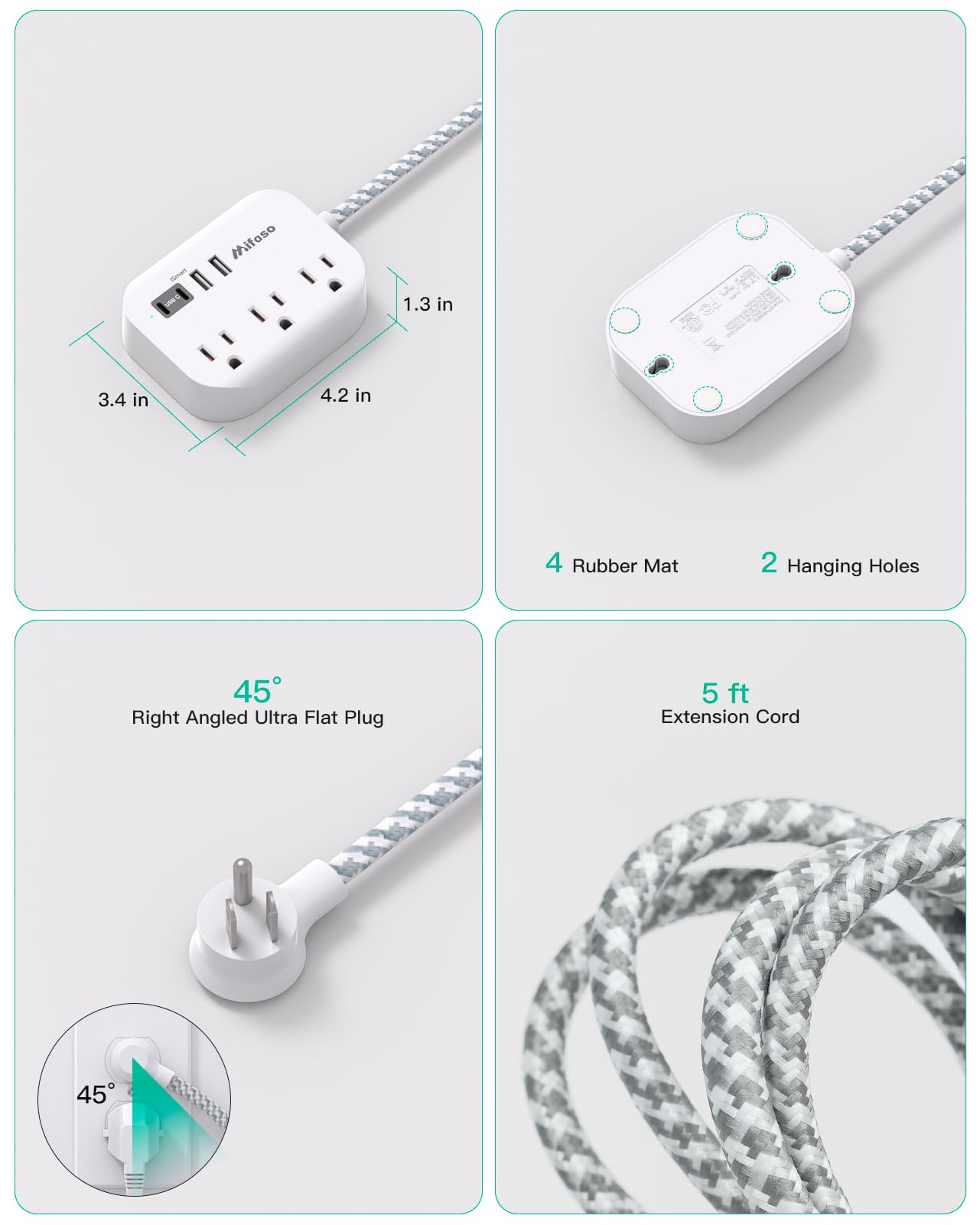 Travel Essentials - Mifaso Power Strip with USB, Compact Flat Plug Extension Cord 5ft with 3 Outlets 4 USB Ports, Non Surge Cruise Must Haves, Cruise Ship Essentials, Dorm Room, Apartment Essentials