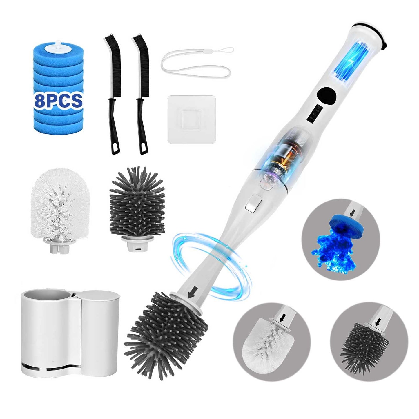 Electric Toilet Brush Scrubber and Holder Set,Electric Toilet Bowl Cleaning Kit with 8 Disposable Refill Heads,Hard Nylon Brush and Soft Silicone Brush
