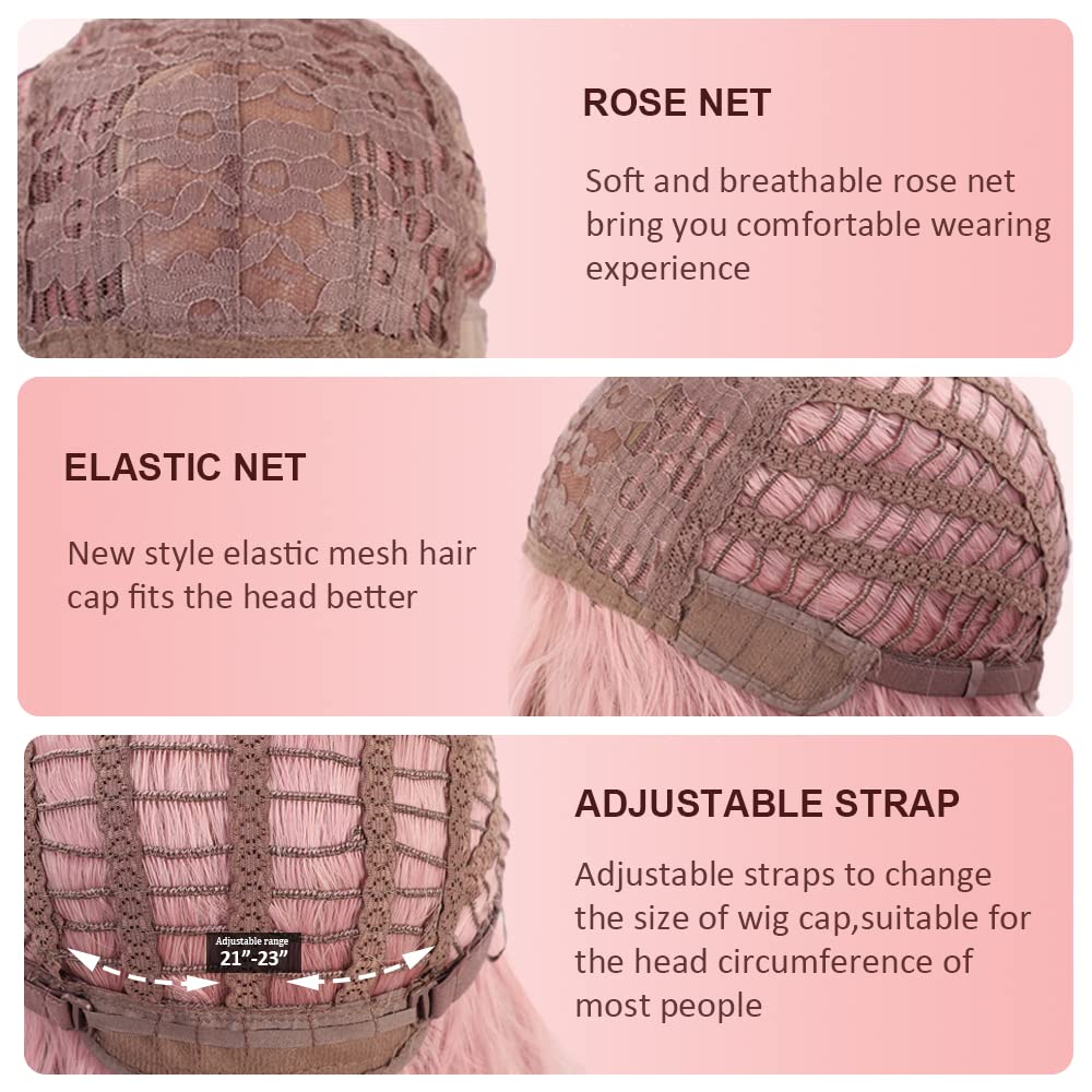 OUFEI Pink Bob Wig With Bangs Short Straight Wig For Women Synthetic Hair Wigs for Daily Party Cosplay Wear