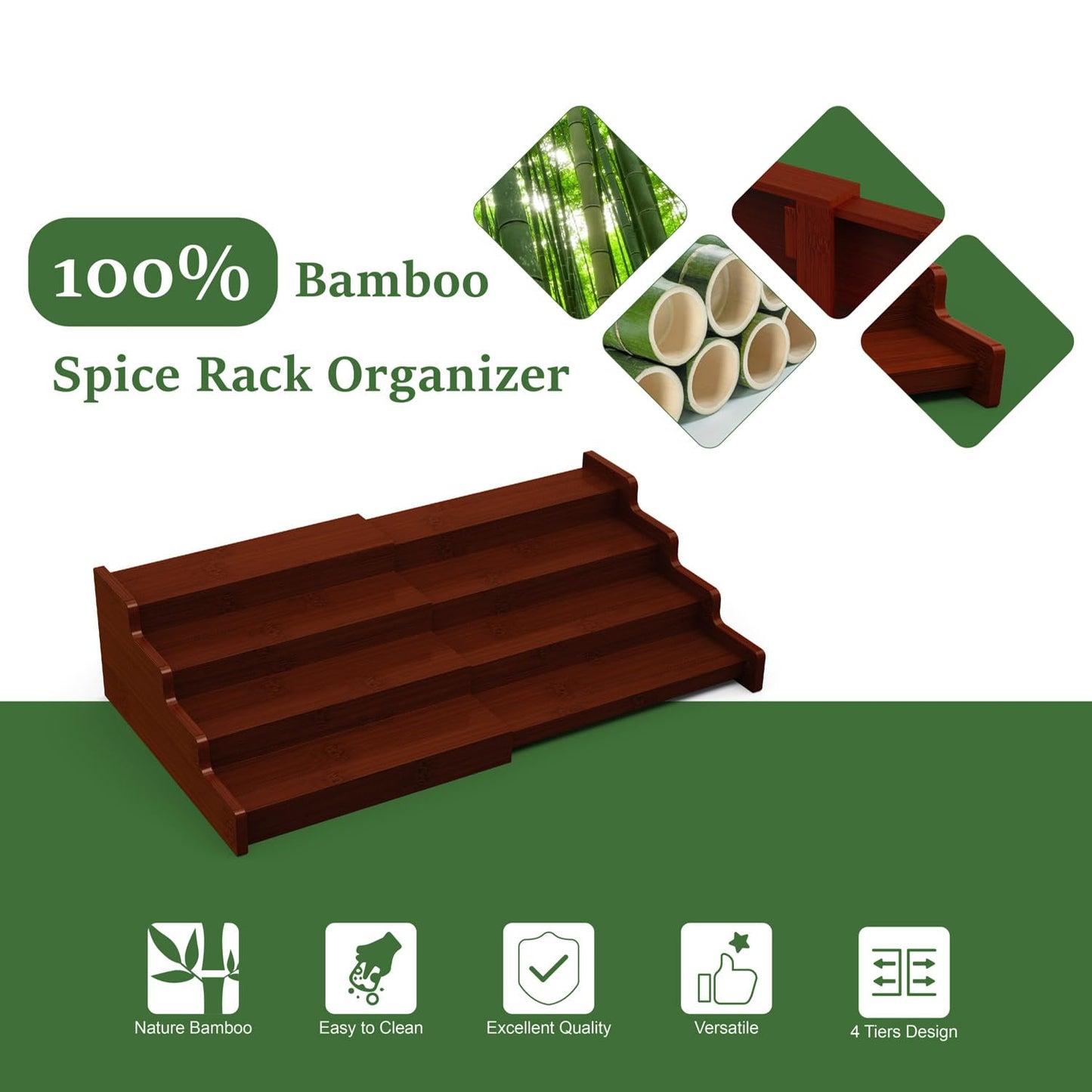 Spice Rack Organizer for Cabinet, 4 Tier Expandable Spice Rack, Bamboo Spice Organizer for Kitchen Cabinet, Pantry and Countertop Organization, Set of 2- Brown