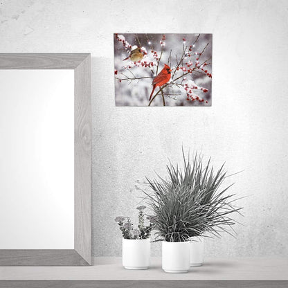 BANBERRY DESIGNS Lighted Cardinals in the Snow Canvas Print - LED Picture with Cardinal Couple and Holiday Berries - Measures 11.75" X 15.75"