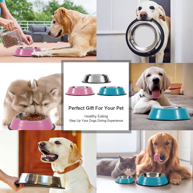 WERFORU 2 Pieces Dog Bowls Stainless Steel Dog Cat Pet Bowls for Feeding Water and Food Pink Medium Size