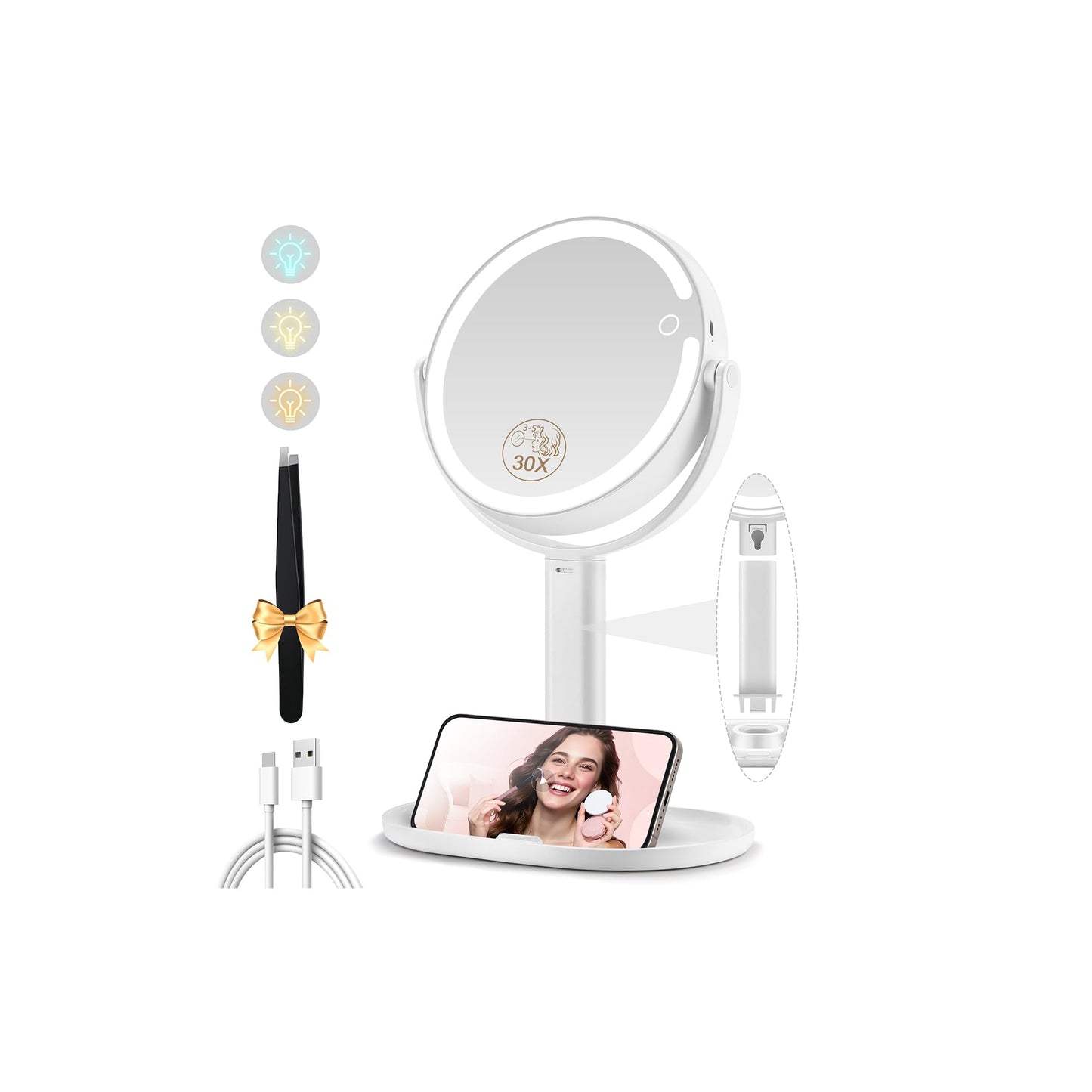 Makeup Mirror with Lights, Double Sided 1x/20x Magnifying Mirror with Light, Rechargeable 3 Color Lights and Adjustable Brightness, 360° Rotation Detachable Comes with Tweezer(Black)
