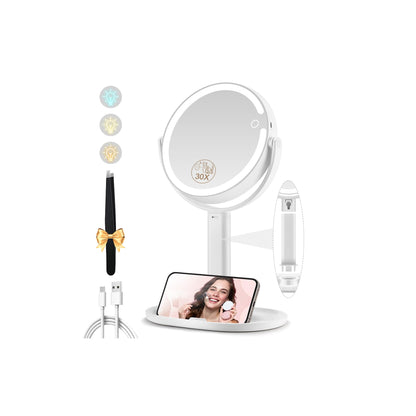 Makeup Mirror with Lights, Double Sided 1x/20x Magnifying Mirror with Light, Rechargeable 3 Color Lights and Adjustable Brightness, 360° Rotation Detachable Comes with Tweezer(Black)
