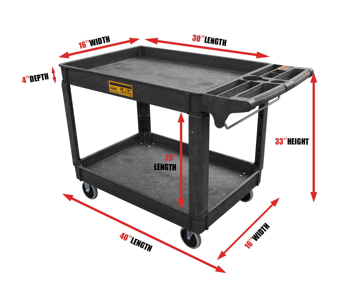 Utility Service Cart, 2-Shelf 500LBS Heavy Duty Plastic Rolling Utility Cart with 360° Swivel Wheels, Lipped Shelves, Ergonomic Storage Handle for Warehouse/Garage/Cleaning/Manufacturing