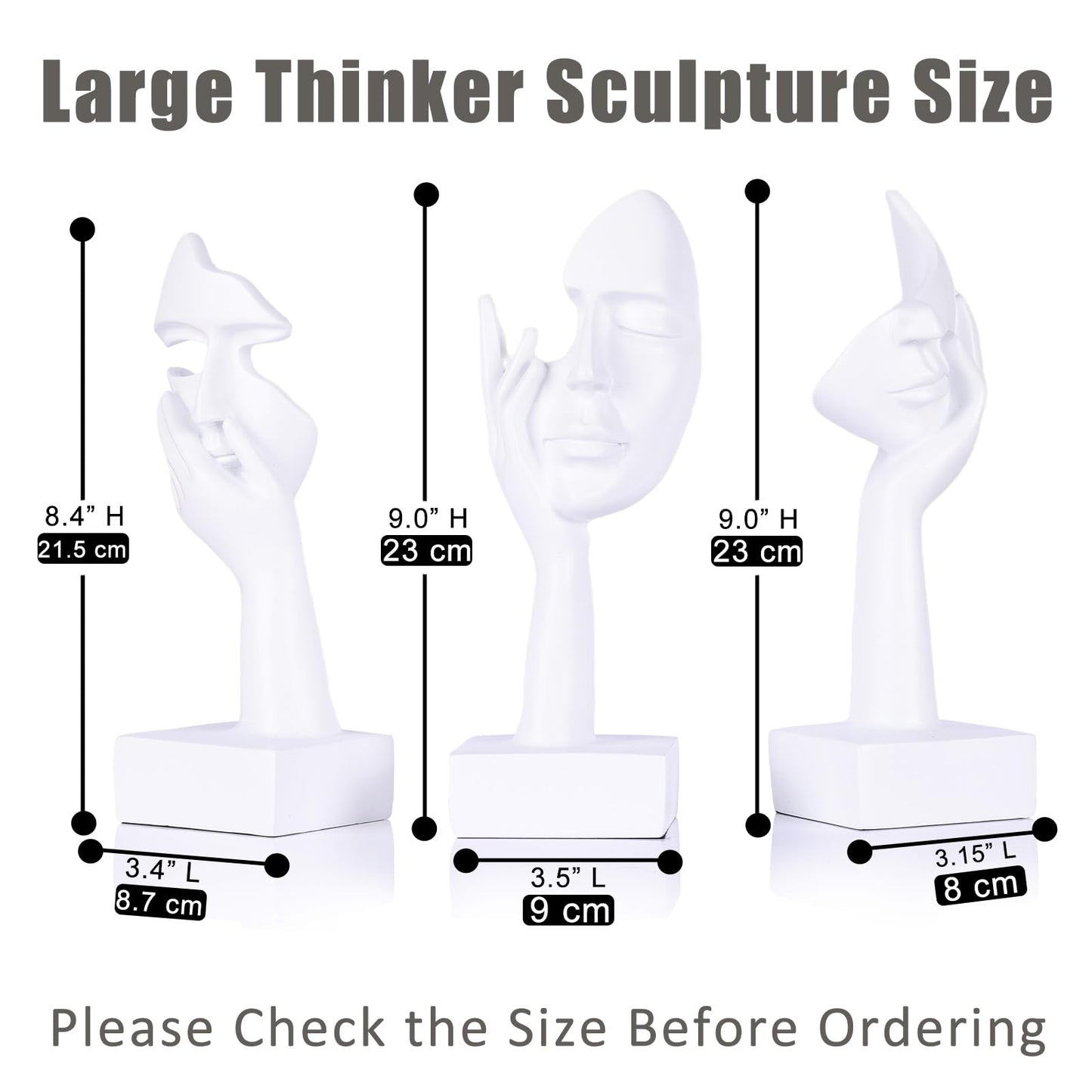 oliruim 3 Pcs Thinker Large Statue Set - White Art Abstract Home Accent Figurines for Living Room, Bedroom, Shelves, Office Desktop, Coffee Table Decor, Gift for Women (3 Pcs White, 9")