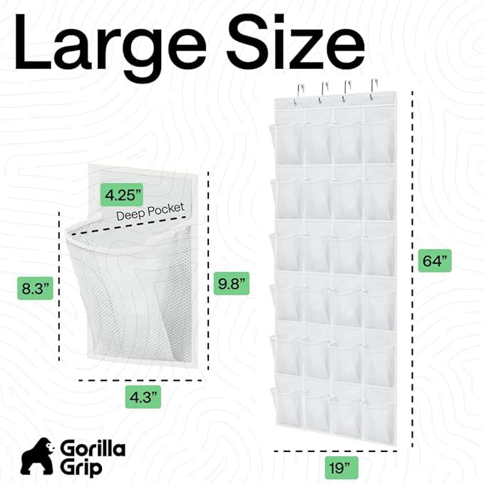 GORILLA GRIP Over the Door Shoe Organizer, 24 Large Breathable Mesh Pockets