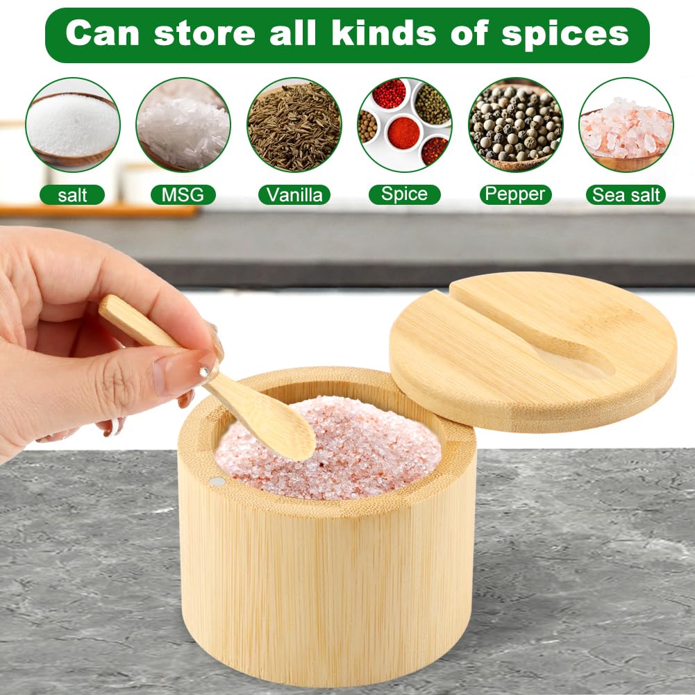 Bamboo Salt Cellar with Magnetic Swivel Lid & Spoon, 2Pcs Spice Box Bowl Storage Box Salt Container to Storage Pepper, Table Salt, Gourmet Salts, Spice, Sugar(SIZE:6 oz)