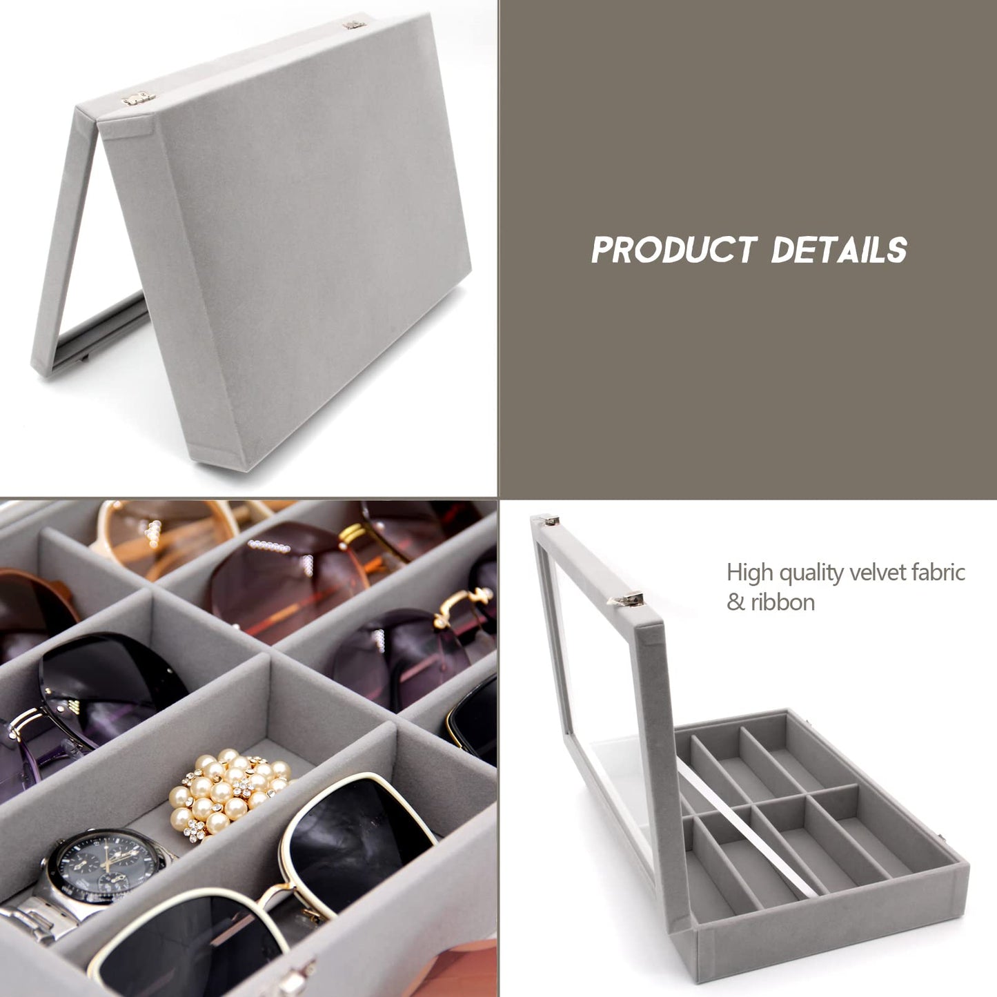 KLOUD City Luxury Sunglasses Organizer - 8 Slot Velvet Jewelry Storage Case with Clear Glass Lid | Dustproof, Scratch-Resistant Display for Glasses & Watches | Elegant Gift Box (14"x9.5")