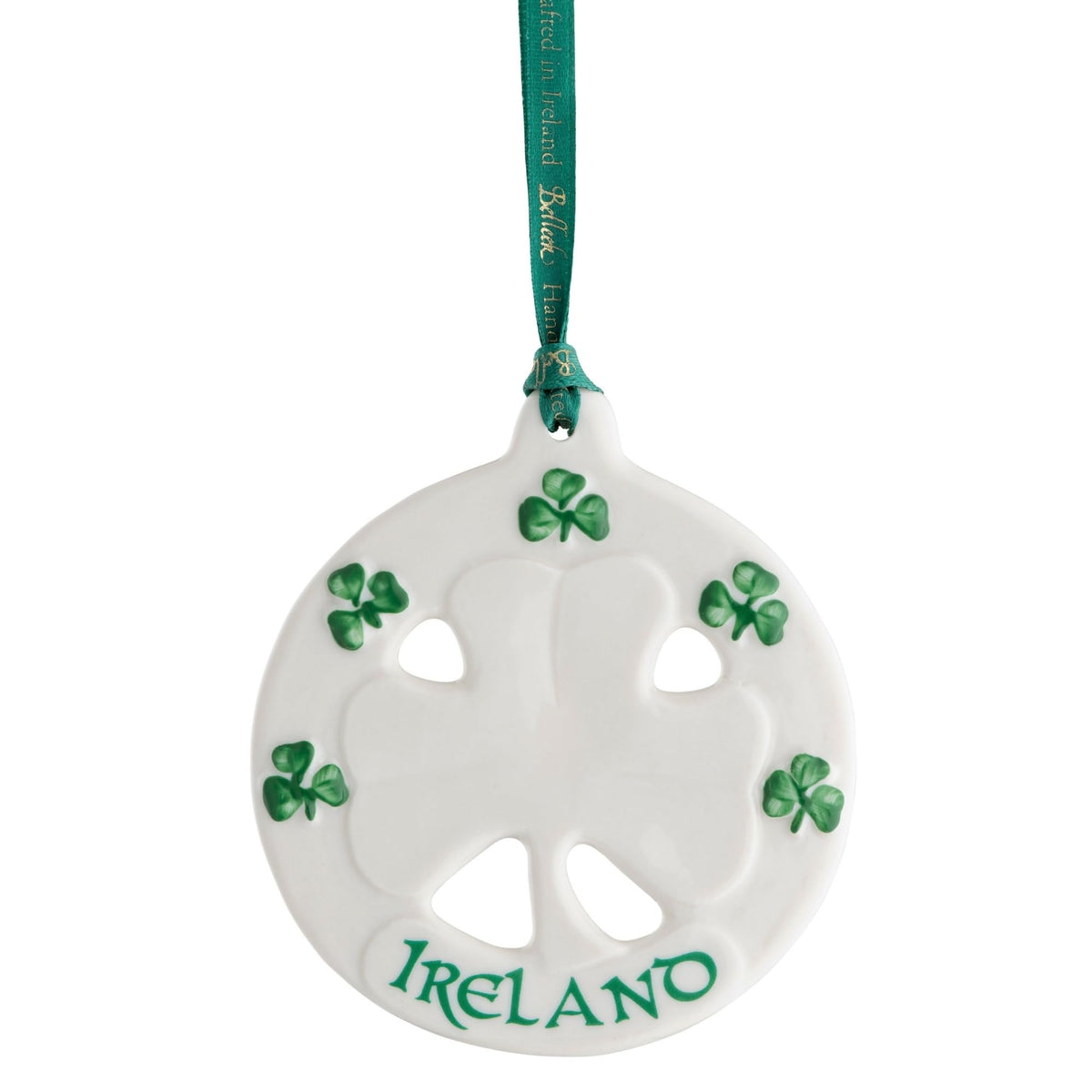 Belleek Classic Ireland Shamrock 3.8-Inch Hanging Ornament, Handcrafted Porcelain Christmas Tree Decor, White