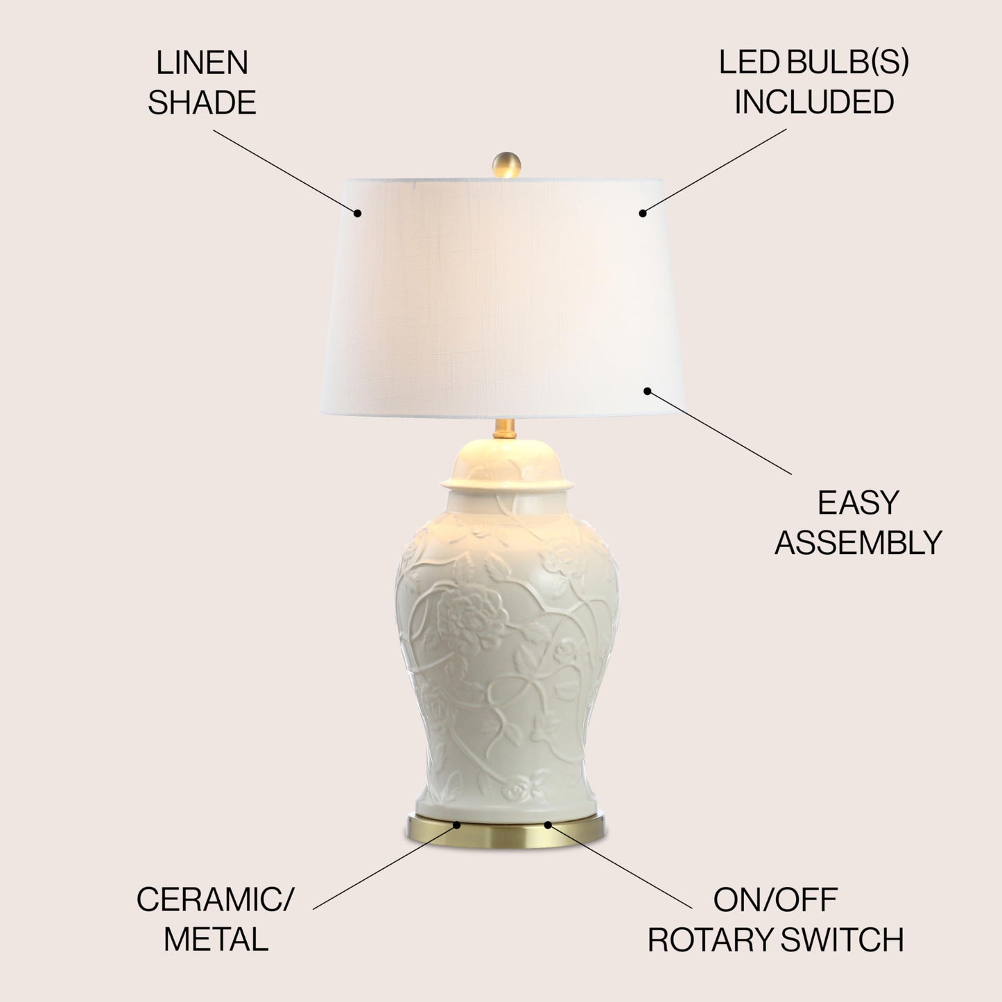 JONATHAN Y 29.5" Cream Ceramic Chinoiserie Table Lamp, Traditional Ginger Jar Lamp for Living Room Bedroom, White Linen Empire Shade, Brass Gold Base, LED Bulb Included JYL6604A