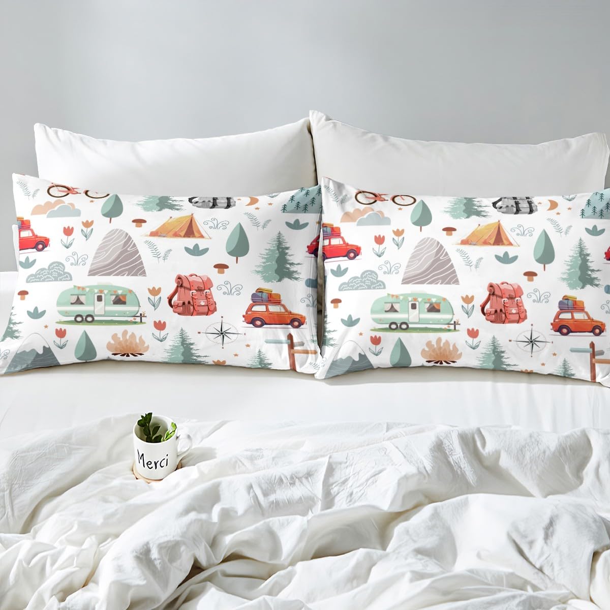 Kids Camper Theme Bed Sheets Set Full 4Pcs, Happy Camping Bedding Set, Travel Car Rv Accessories Sheets, Botanical Flowers Mountain Adventure Top Sheet, Cute Camper Flat Fitted Sheet Bedroom Decor