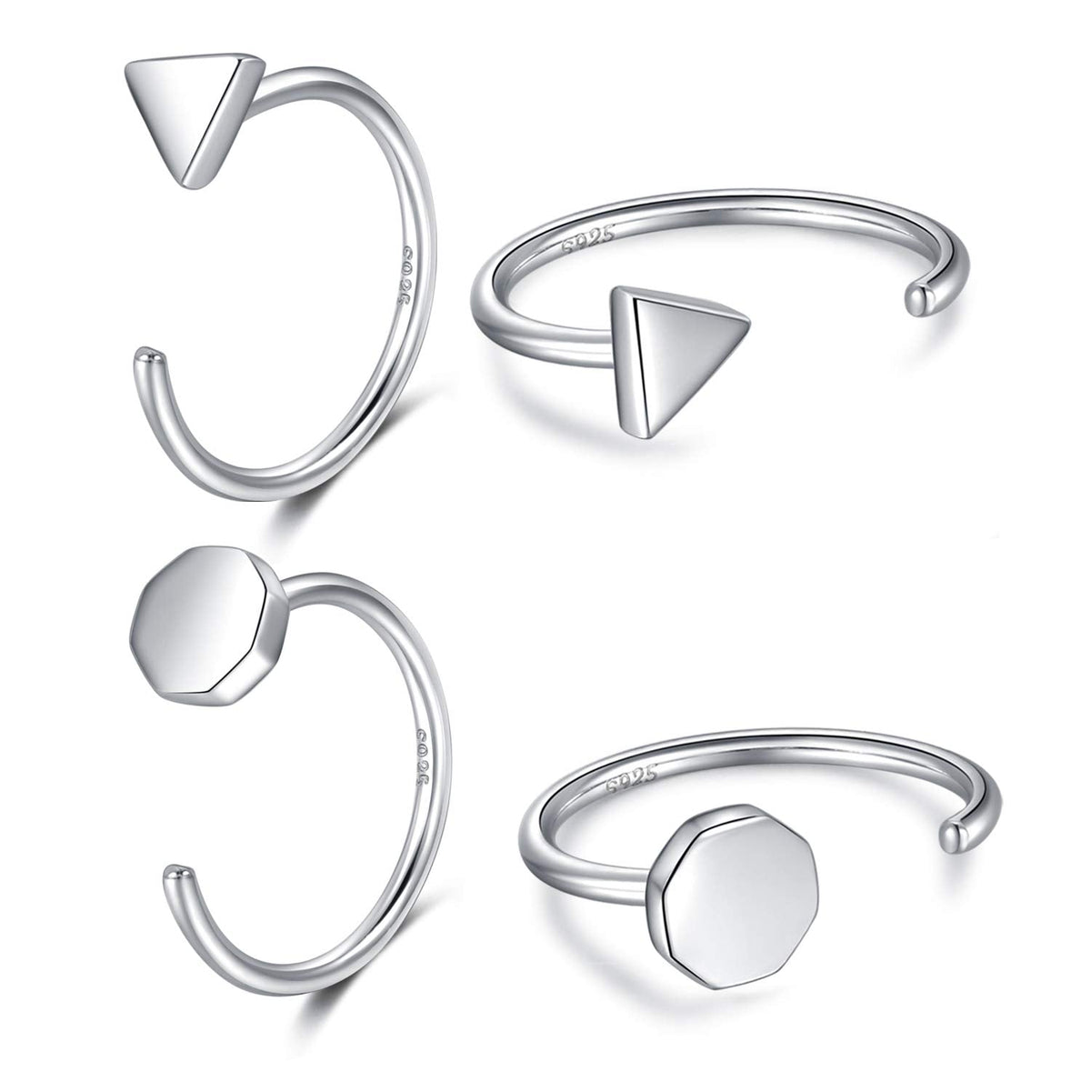 925 Sterling Silver Huggie Earrings - Triangle Dot Half Hoop for Women - Open Little Huggy Earrings - 2 Pairs